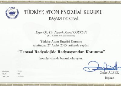 Tanısal Radyolojide Radyasyondan Korunma Belgesi - Op. Dr. Namık Kemal COŞKUN